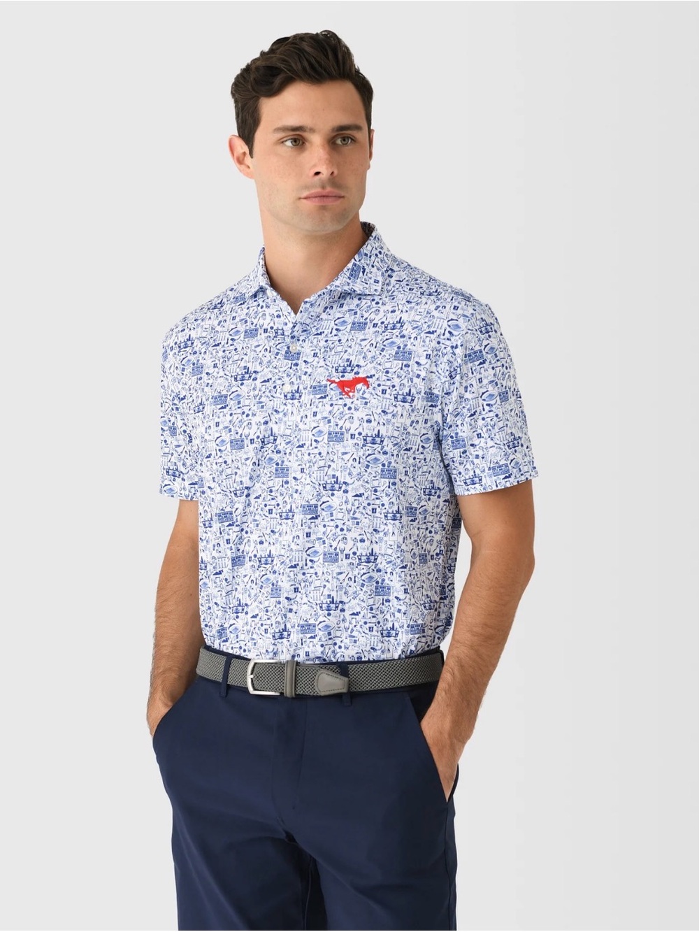 JOHNNIE-O Collegiate Men's Tailgater 2.0 Printed Jersey Performance Polo SMU